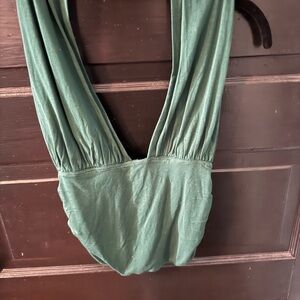 Free People Emerald Green Deep V Cropped Halter top with ruching